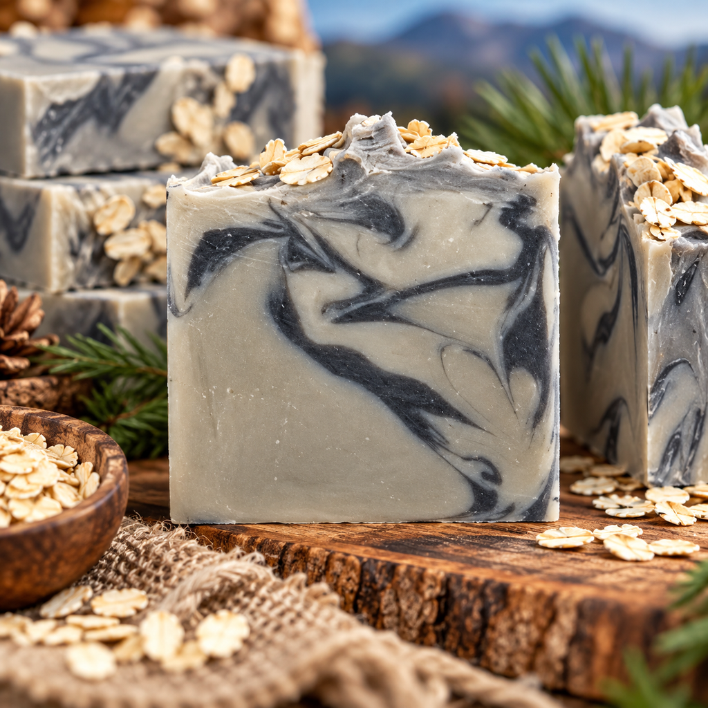 Mountain Man soap styled on rustic wood with oats and pine