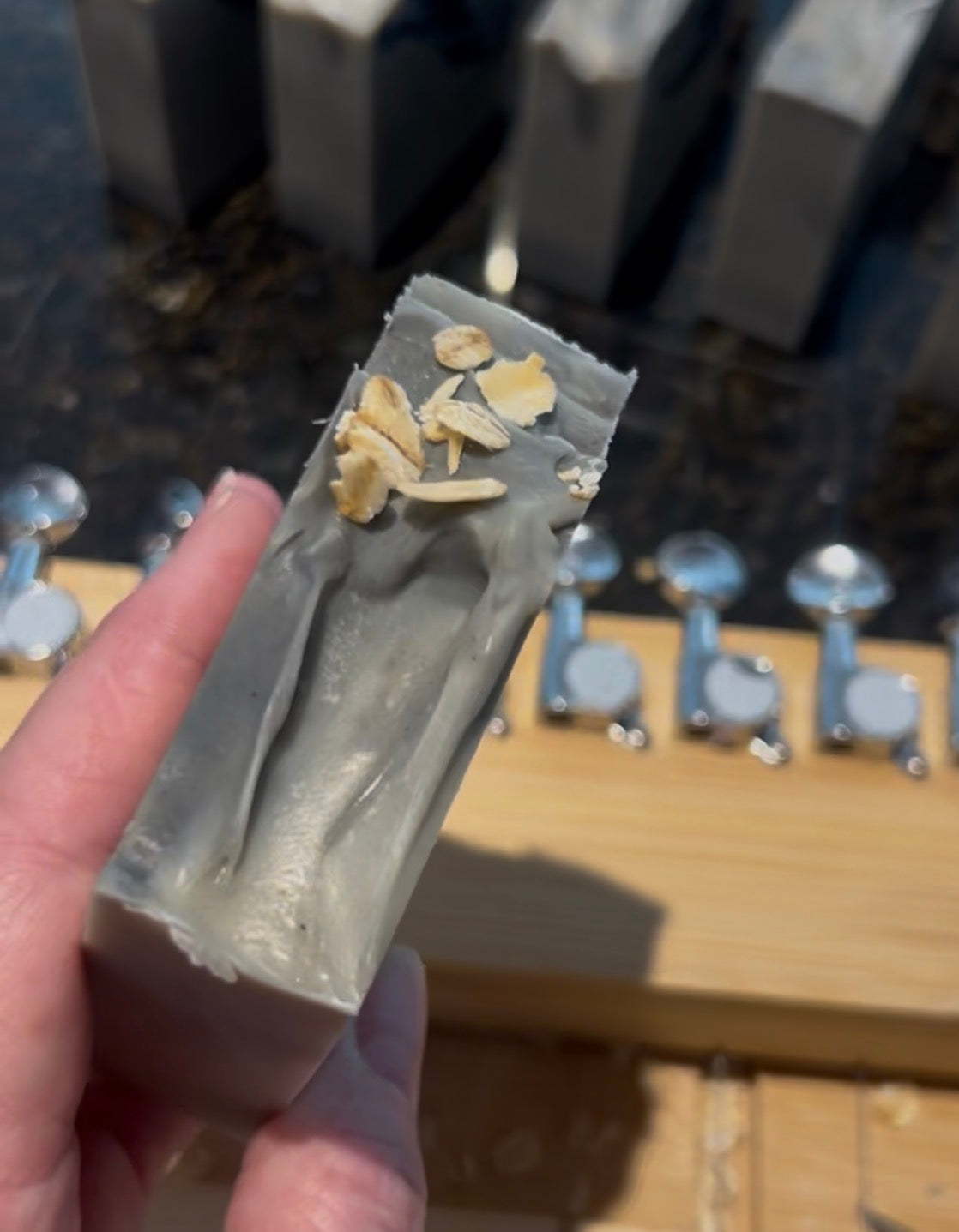 Mountain Man soap showing its rustic oat topping