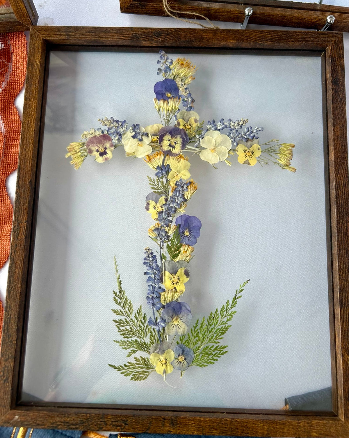 Blue & Yellow Floral Cross — 8×10 Pressed Flower Art