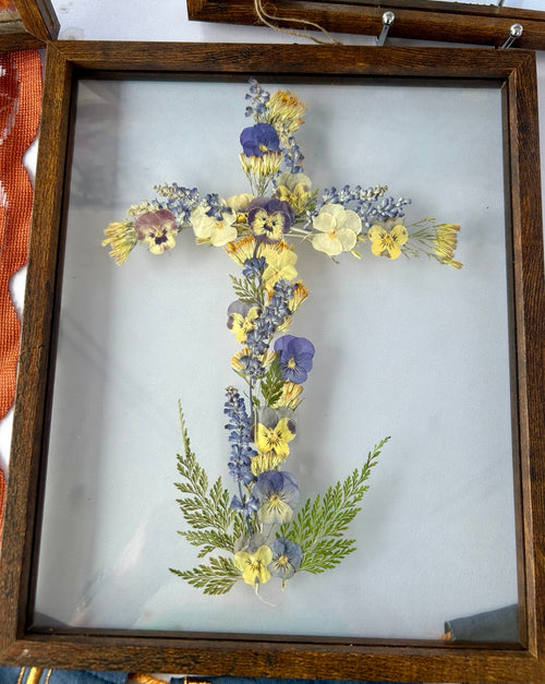 Blue & Yellow Floral Cross — 8×10 Pressed Flower Art
